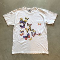 【L】90s USA製 Lee 蝶々 プリントTシャツ 白■ビンテージ オールド アメリカ古着 リー バタフライ サイケデリック アート