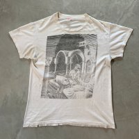 【L】80s USA製 マウリッツ・エッシャー プリントTシャツ 白■ビンテージ オールド アメリカ古着 Hanes コットン 騙し絵 アート