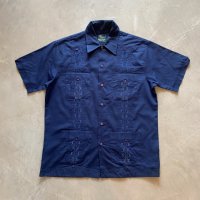 【M/L】Haband 刺繍入り 半袖キューバシャツ ネイビー 紺■ビンテージ オールド レトロ アメリカ古着 ボックス 綿ポリ 4ポケット