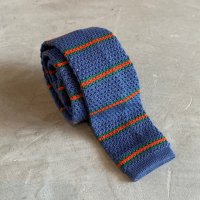 【幅 5.8cm】LANDS' END コットン ニットタイ スクエア 青ボーダー■ビンテージ オールド レトロ アメリカ古着 ランズエンド ネクタイ
