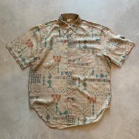 【L】90s THE TERRITORY AHEAD シルク 半袖シャツ グレー 総柄■ビンテージ オールド アメリカ古着 モダンアート