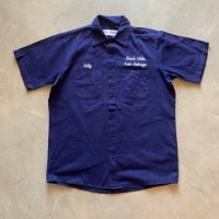 【M/L】USA製 Wear Guard 刺繍入り コットン 半袖ワークシャツ ネイビー 紺色■ビンテージ オールド アメリカ古着 90s