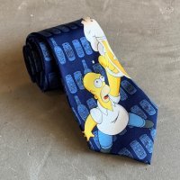 【幅 10.0cm】2000s BRIEFLY STATED シンプソンズ ビール シルクネクタイ 総柄 青■ビンテージ オールド レトロ アメリカ古着 アメコミ