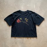 【Ladies】90s-2000s 猫×薔薇 プリントTシャツ ブラック 黒■ビンテージ アメリカ古着 ギルダン レディース オールコットン ネコ バラ
