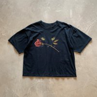 【Ladies】90s-2000s 猫×薔薇 プリントTシャツ ブラック 黒■ビンテージ アメリカ古着 ギルダン レディース オールコットン ネコ バラ
