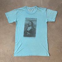 【M】80s HEDONISMII モナリザ パロディ プリントTシャツ 水色■ビンテージ オールド アメリカ古着 シングルステッチ エロ ダヴィンチ