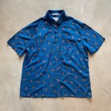 【L/XL】90s CAMPIA パイナップル 半袖レーヨンシャツ 青 総柄■ビンテージ オールド アメリカ古着 フルーツ柄 アート