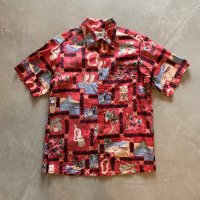【S/M】USA製 PARADISE BAY コットン 半袖アロハシャツ 赤 総柄■ビンテージ オールド アメリカ古着 花柄 ハイビスカス ハワイ