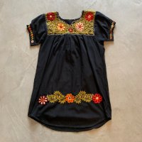 【Ladies】コットン 刺繍ワンピース チュニック ブラック 黒■ビンテージ レトロ アメリカ古着 花柄 レディース フォークロア メキシコ