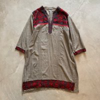 【Ladies】インド製 コットン 刺繍ワンピース チュニック グレー■ビンテージ レトロ アメリカ古着 花柄 レディース エスニック