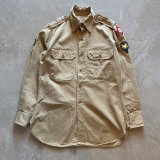 【S/M】50s 米軍実物 マチ付き チノクロス 長袖シャツ カーキ■ビンテージ オールド アメリカ古着 ミリタリー US ARMY ワッペン付き
