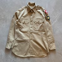 【S/M】50s 米軍実物 マチ付き チノクロス 長袖シャツ カーキ■ビンテージ オールド アメリカ古着 ミリタリー US ARMY ワッペン付き
