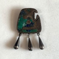 【6.0cm×3.5cm】メキシコ製 シルバーブローチ ピンバッチ■ビンテージ アンティーク ピンズ メキシカン 鳥モチーフ インレイ 石