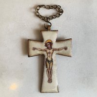 【9.3cm×6.1cm】キリストモチーフ 十字架 磔 ウォールデコ■ビンテージ アンティーク ヨーロッパ雑貨 チェーン クロス 七宝焼き