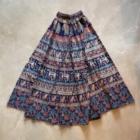 【Free】INDIA インド綿 コットン ロングスカート 総柄■ビンテージ オールド レトロ アメリカ古着 レディース アジアン エスニック 象