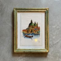 【43.5cm×34.5cm】ハンドペイント イタリア ヴェネツィア ペーパー ウォールデコ■ビンテージ アート 手描き 絵画 聖堂 インテリア
