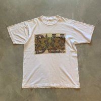 【L】90s UNKNOWN アフリカン プリントTシャツ 白■ビンテージ オールド アメリカ古着 アート エスニック シングルステッチ