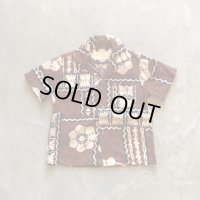 【Kids】ハワイ製 Ui-Maikai 半袖アロハシャツ 茶色 総柄■ビンテージ オールド レトロ アメリカ古着 子供服 古銭ボタン コットン 60s-70s