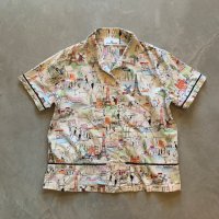 【Ladies】ERIN LONDON パリ エッフェル塔 半袖シャツ 白 総柄■ビンテージ オールド レトロ アメリカ古着 レディース 90s