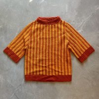 【Ladies】60s-70s IMPERIAL アクリル 半袖ニット セーター オレンジ×茶系 総柄■ビンテージ オールド アメリカ古着 レディース