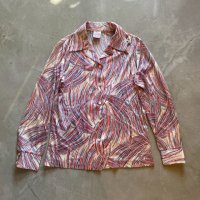 【Ladies】70s Graff 長袖ポリエステルシャツ 総柄■ビンテージ オールド レトロ アメリカ古着 レディース ポリシャツ アート