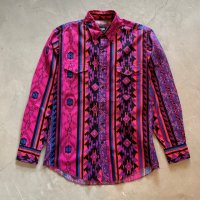 【L 16-34】Wrangler ネイティブ柄 プリント 長袖シャツ 総柄 紫■ビンテージ オールド レトロ アメリカ古着 ラングラー 80s-90s