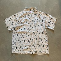 【M/L】USA製 Reminiscence 半袖レーヨンシャツ 白 総柄■ビンテージ アメリカ古着 レミニッセンス パリ フランス 開襟 オープンカラー