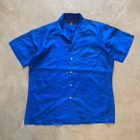 【L】タイ製 T.SHINAWATRA ボックス 半袖シルクシャツ ブルー 青無地■ビンテージ オールド アメリカ古着 開襟 オープンカラー