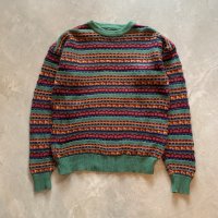 【M/L】80s-90s IZOD LACOSTE コットンニット セーター 緑ボーダー 総柄■ビンテージ オールド レトロ アメリカ古着 ラコステ