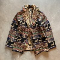 【M/L】PASSPORTS ブランケット地 ラグ ショールカラージャケット 総柄■ビンテージ オールド レトロ アメリカ古着 インド製 カーディガン