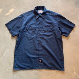 【XL】Dickies 半袖ワークシャツ ネイビー 紺無地■オールド アメリカ古着 ディッキーズ ボックス ビッグサイズ