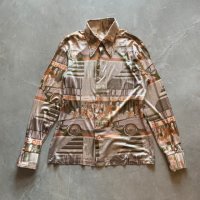 【S/M】ボロ 70s CAFE DE ELORE 長袖ポリエステルシャツ ピクチャー柄 総柄■ビンテージ オールド レトロ アメリカ古着 ポリシャツ アート