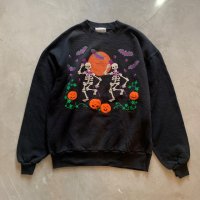 【L】90s USA製 PegiGoff ハロウィン スカルボーン×カボチャ 発砲プリントスウェット 黒■ビンテージ オールド アメリカ古着 トレーナー