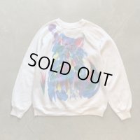 【L】90s USA製 ハンドペイント ネコ スウェット 白■ビンテージ オールド アメリカ古着 レディース トレーナー キャット 猫 動物 アート