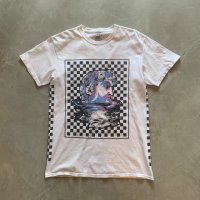 【M】CALL YOUR MOTHER アート プリントTシャツ 白■アメリカ古着 コットン ミケランジェロ ダビデ像 チェッカーフラッグ