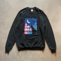 【L/XL】80s USA製 JERZEES 黒ネコ プリントスウェット ブラック 黒■ビンテージ オールド アメリカ古着 トレーナー アート 夜景