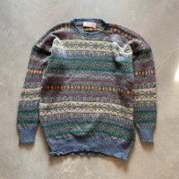 【M/L】スコットランド製 Mc George ウールニット セーター ノルディック柄■ビンテージ オールド アメリカ古着 総柄 ボーダー