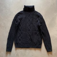 【M/L】2000s GAP タートルネック ケーブル編み コットンニット セーター ブラック 黒無地■オールドギャップ アメリカ古着 ウール混