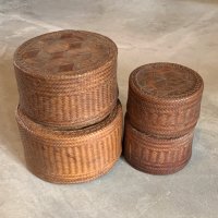 【20.0cm】ラタン ラウンド 蓋付きバスケット 4個セット■ビンテージ アンティーク アジアン雑貨 籐編み 収納ボックス