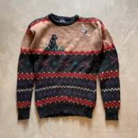 【S】90s Woolrich 動物柄 ウールニット セーター ベージュ■ビンテージ オールド アメリカ古着 ウールリッチ ハンティング