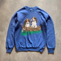 【S/M】80s USA製 フルーツオブザルーム 子犬 プリントスウェット ブルー 青■ビンテージ オールド レトロ アメリカ古着 動物