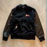 【XL】90s USA製 HOLLOWAY Doritos 袖革×ウールスタジャン ジャケット ブラック 黒■ビンテージ オールド アメリカ古着 企業 ホロウェイ