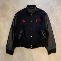 【XL】90s Comfort Zone Clothing 袖革×ウールスタジャン ジャケット ブラック 黒■ビンテージ オールド アメリカ古着 USA製 企業 刺繍