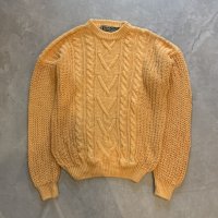 【M/L】90s HUNTING HORN ラミー×コットンニット セーター 黄色■ビンテージ オールド レトロ アメリカ古着 ケーブル編み