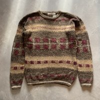 【XL】90s ST JOHN'S BAY リネン×コットンニット セーター 茶系 総柄■ビンテージ オールド レトロ アメリカ古着 ビッグサイズ