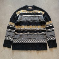 【M】フランス製 INFLUENCE de LUXOR アクリルニット 立体セーター ボーダー■ビンテージ オールド ヨーロッパ古着 コットン 総柄