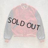 【L】70s-80s USA製 DeLong 袖革×ウールスタジャン ジャケット 赤黒■ビンテージ オールド アメリカ古着 アワード 無地