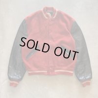 【L】70s-80s USA製 DeLong 袖革×ウールスタジャン ジャケット 赤黒■ビンテージ オールド アメリカ古着 アワード 無地