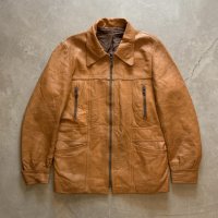 【M】70s-80s UNKNOWN ジップアップ レザージャケット ブラウン 茶系■ビンテージ オールド レトロ アメリカ古着 革ジャン ハーフ丈