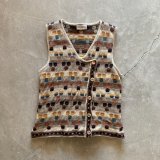 【Ladies】イングランド製 Elizabeth Gash ハンドメイド ウール×シルク ニットベスト 総柄■ビンテージ レトロ アメリカ古着 レディース